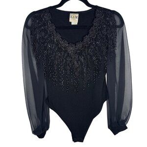 VTG SAM Black Sheer Sleeve Bodysuit With Beaded Lace Detail Western Goth Sz S